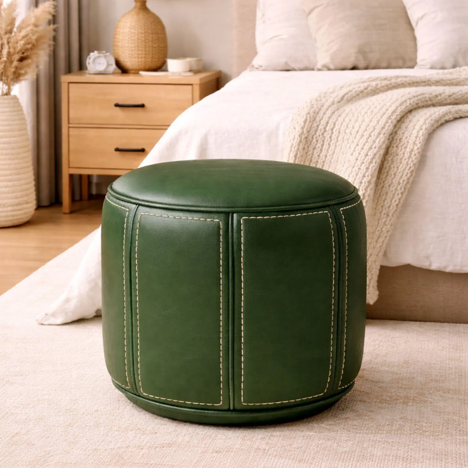 Green Moroccan Leather Pouf Ottoman | Handmade Round Footstool | Luxury Boho Living Room Decor