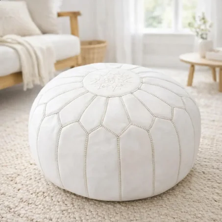 Moroccan Leather Pouf: White Round Floor Pillow, Genuine Leather Ottoman Footstool, Handmade Unstuffed Cover