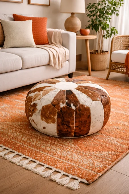 Cowhide Leather Pouf Ottoman, Moroccan Round Footstool, Handmade Patchwork Pouf, Boho Living Room Decor, Natural Hair On Hide Ottoman