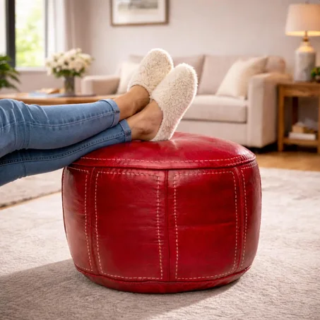 Handmade Round Moroccan Red Leather Pouf Ottoman Cherry Red Genuine Leather Footstool Coffee Table Pouffe Boho Home Decor Nursery Seating