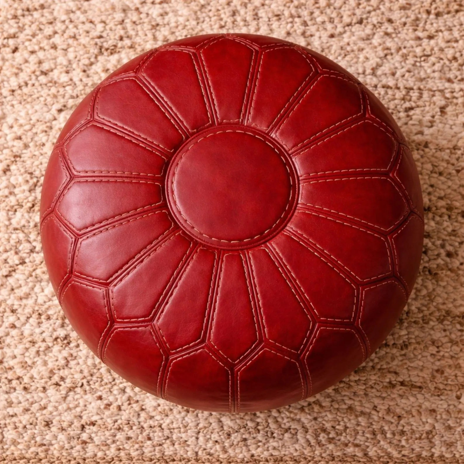 Red Leather Pouf Ottoman - Handmade Moroccan Genuine Leather Footstool. Round Coffee Table Unstuffed Floor Seating for Living Room.