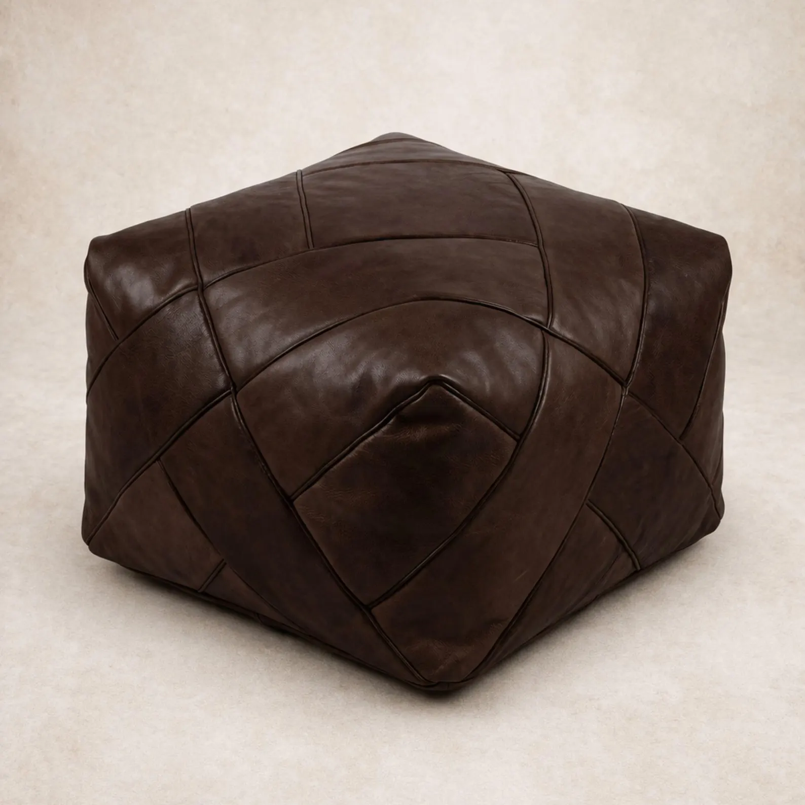 Moroccan Leather Pouf Ottoman, Dark Brown Handmade Footstool, Square Floor Cushion, Boho Living Room Decor, Genuine Leather Ottoman