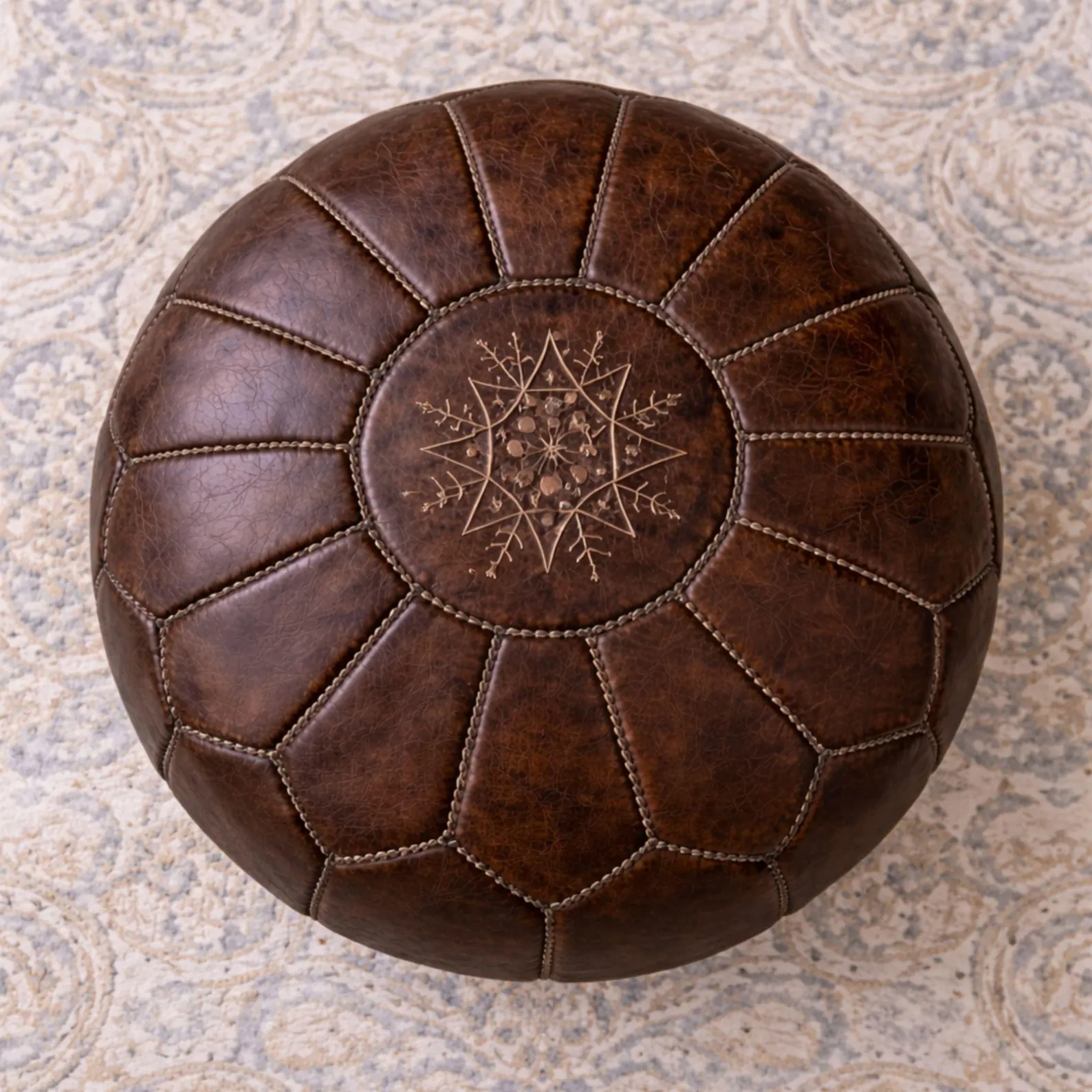 Handmade Round Moroccan Dark Brown Leather Pouf Ottoman - Genuine Leather Footstool, Coffee Table & Floor Seating (Unstuffed)