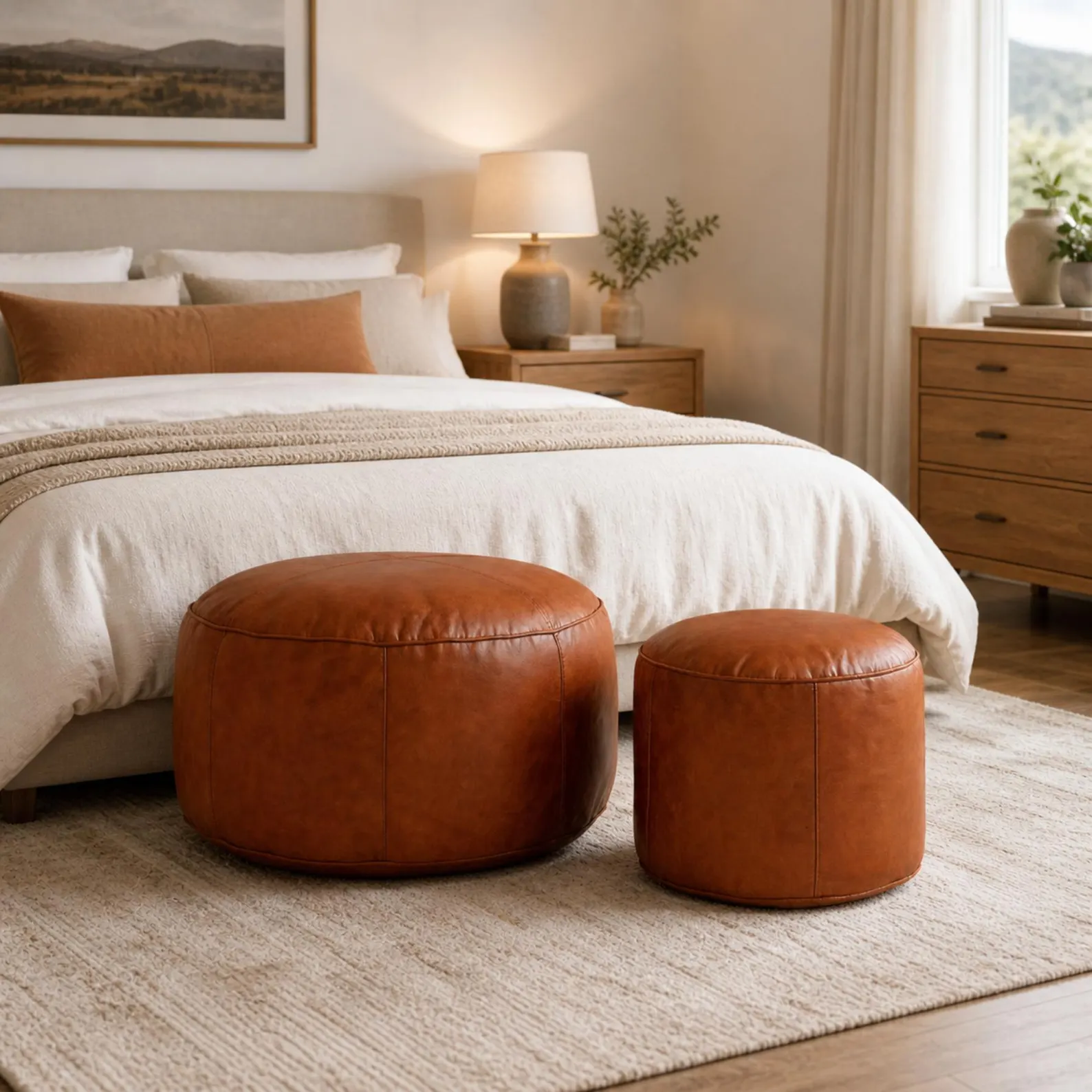 Brown Leather Pouf Ottoman, Round Moroccan Pouffe Cover, Unstuffed Footstool, Boho Living Room Floor Seating Decor