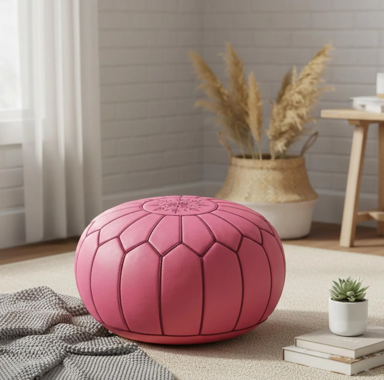 Pink Leather Pouf Ottoman - Handmade Moroccan Floor Pillow - Genuine Leather Boho Footstool - Round Modern Living Room Decor
