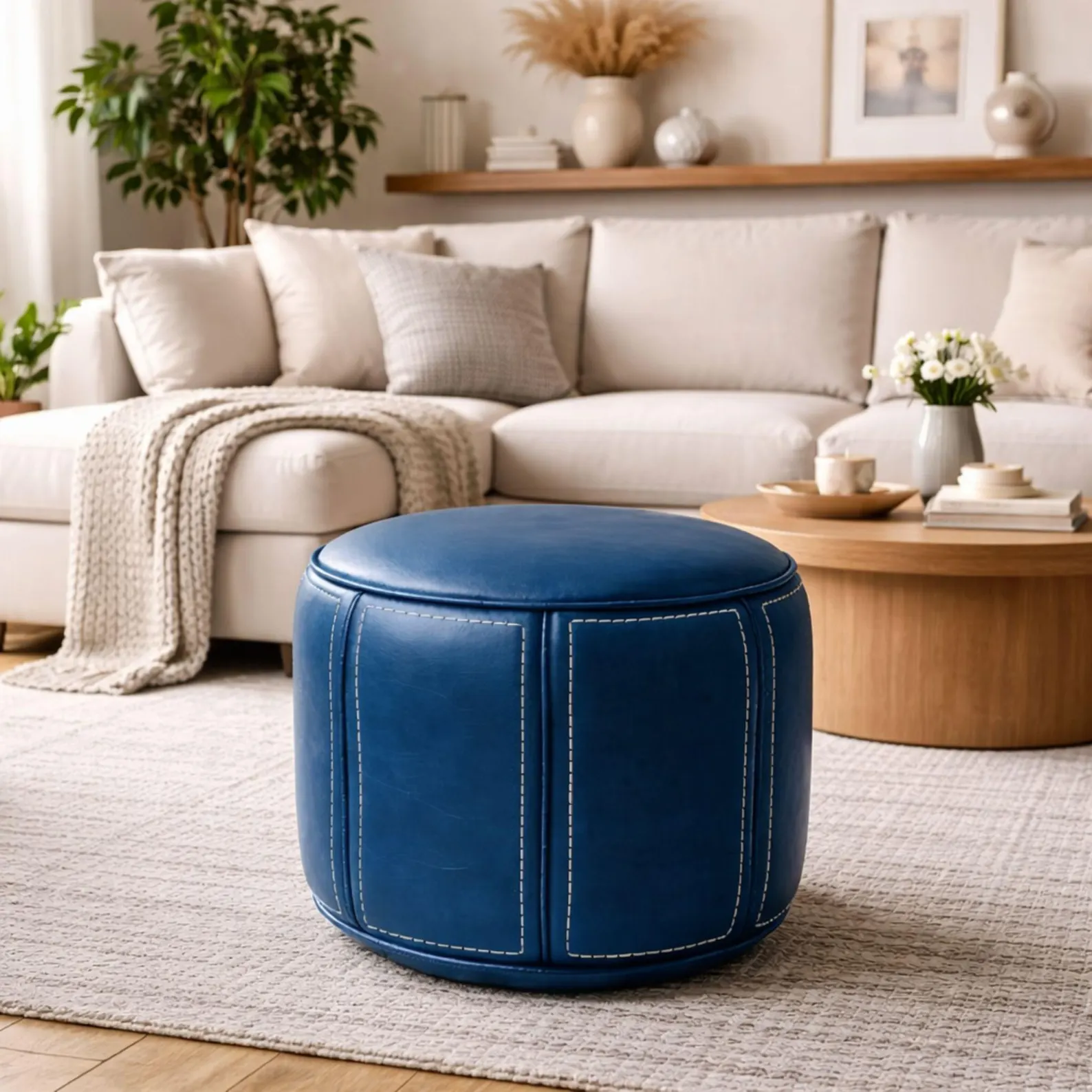 Moroccan Blue Leather Pouf Ottoman, Round Leather Coffee Table Footrest, Unstuffed Hassock, Handmade Leather Stool for Living Room