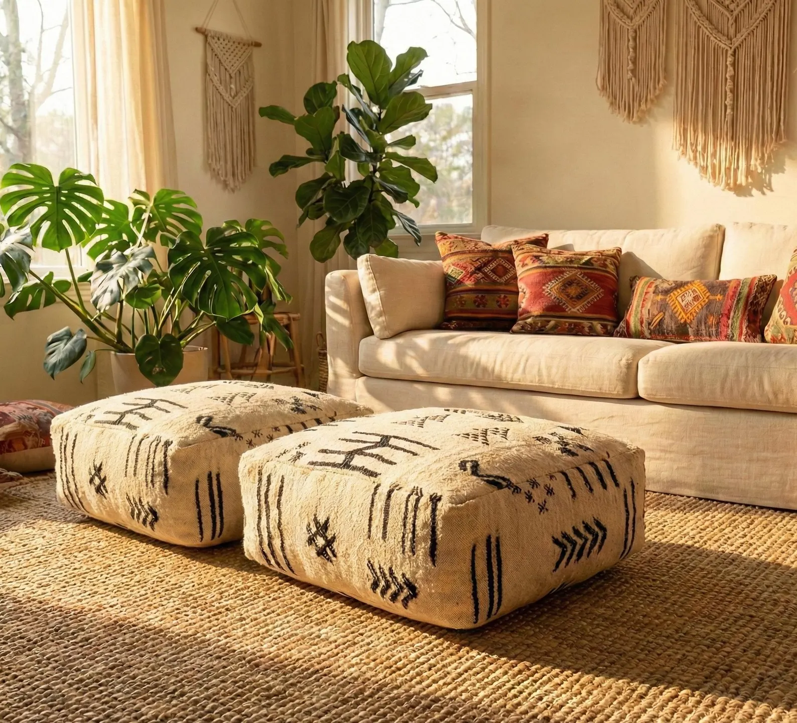 Set of 2 Handmade Moroccan Kilim Poufs – Vintage Wool Ottoman Floor Cushion