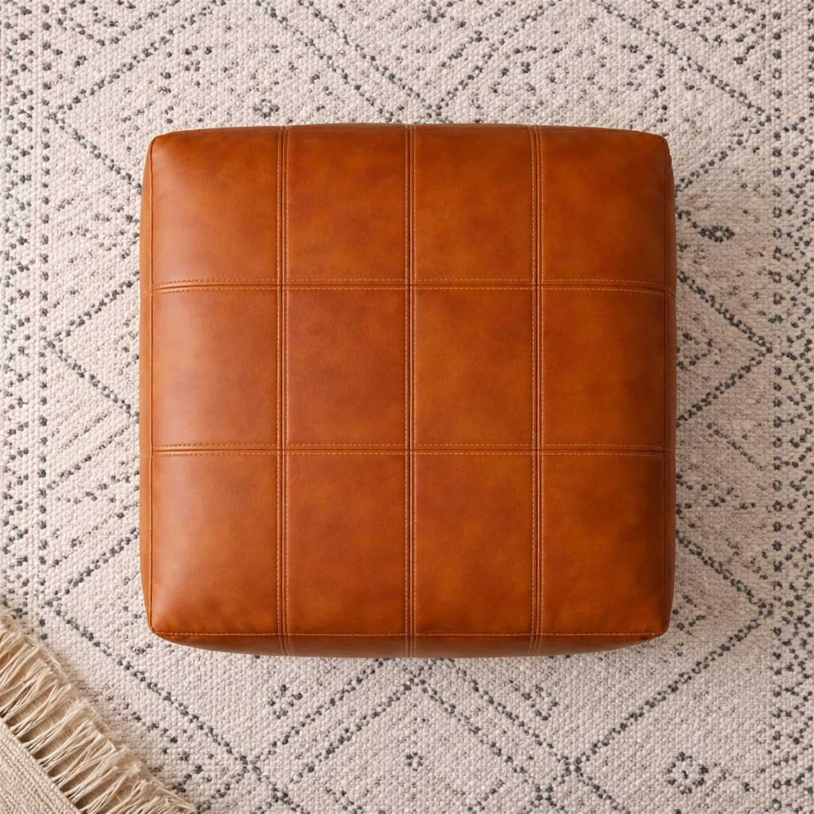 Moroccan Leather Pouf Ottoman, Caramel Brown Square Pouf, Handmade Footstool, Boho Living Room Decor, Natural Leather Ottoman
