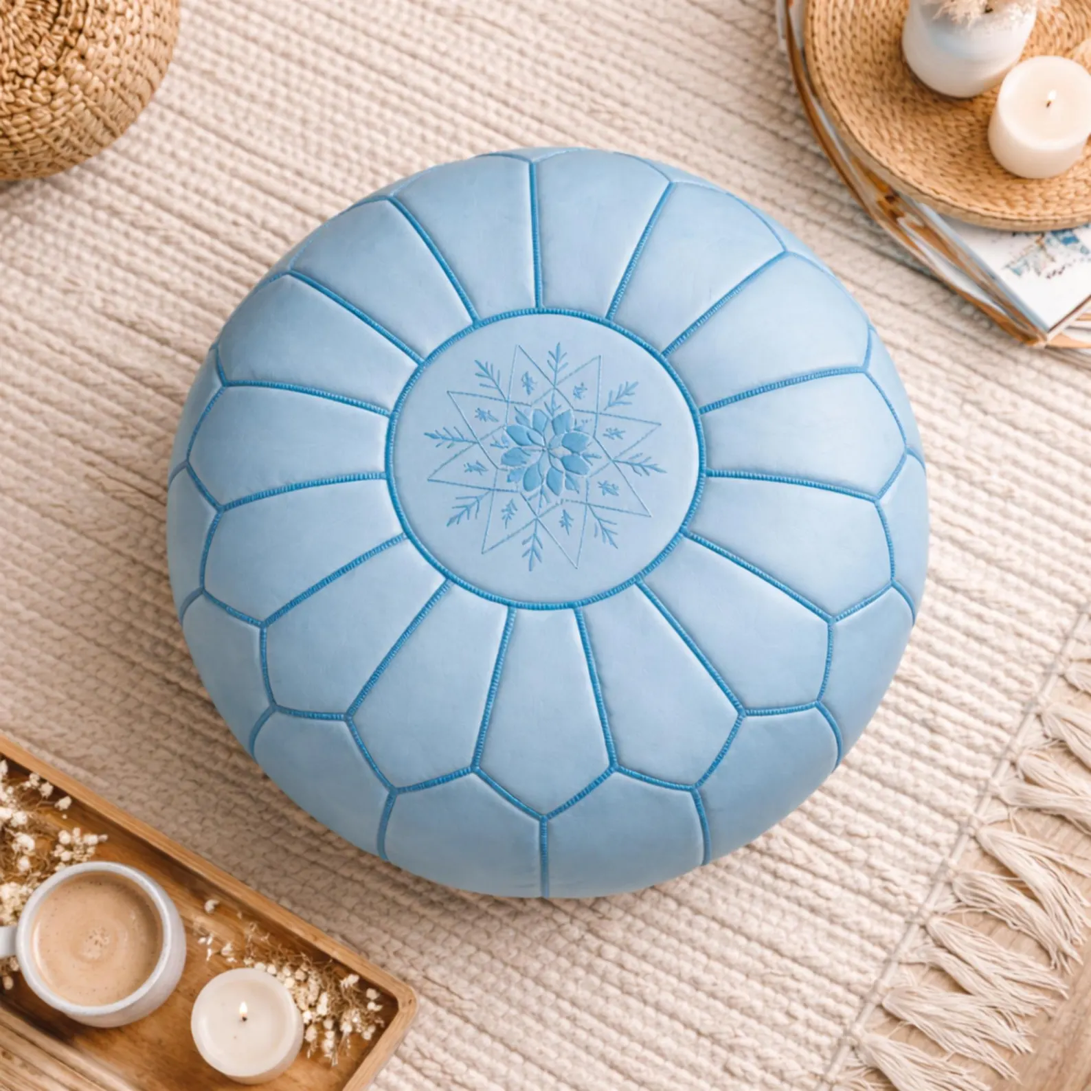 Moroccan Leather Pouf Ottoman sky blue Handmade Round Floor Pouf Boho Decor Leather Footstool Ottoman Pouf Moroccan Home Decor Bohemian Styl