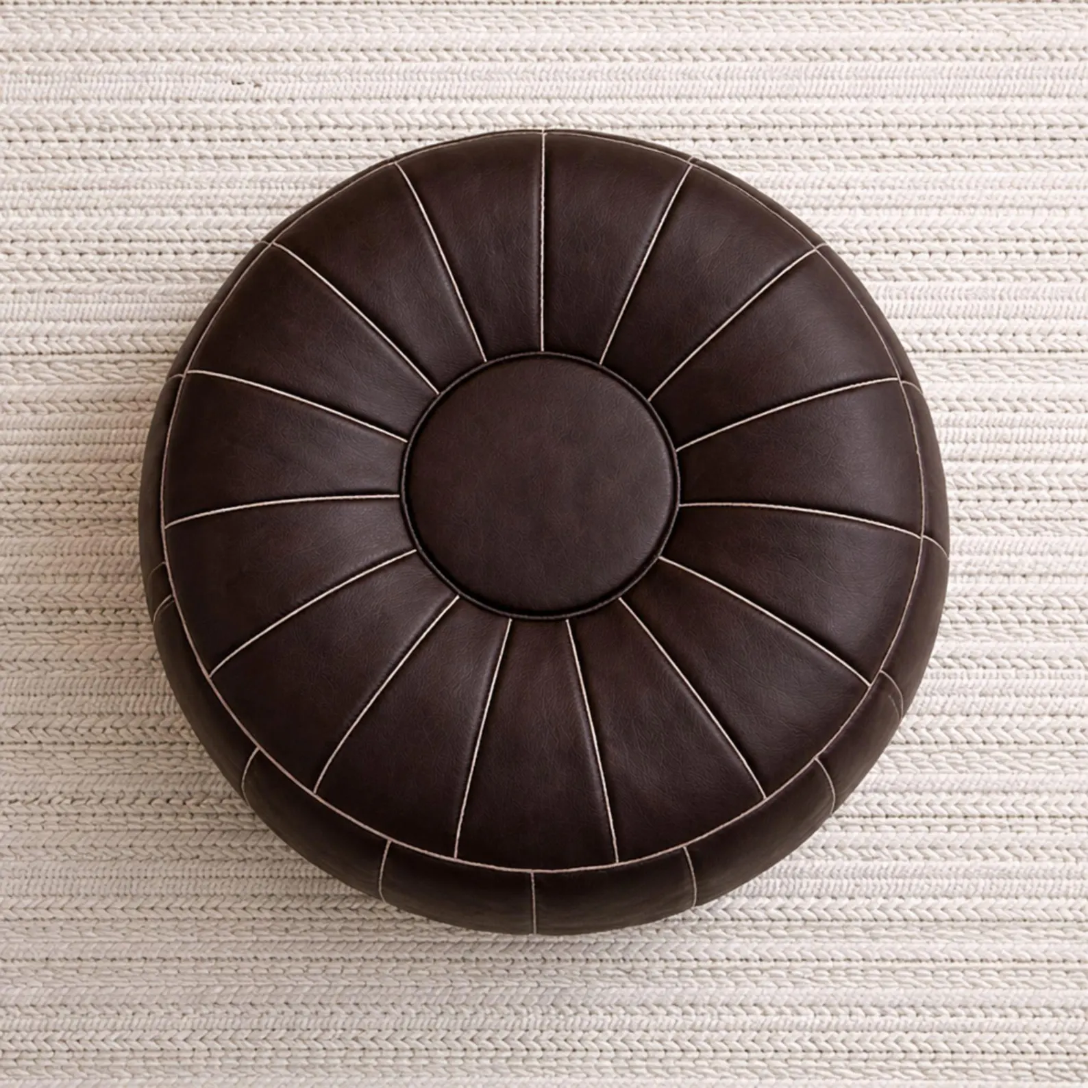 Handmade Moroccan Leather Pouf - Chocolate Brown Round Ottoman - Genuine Leather Floor Pillow - Unstuffed Footstool - Berber Home Decor