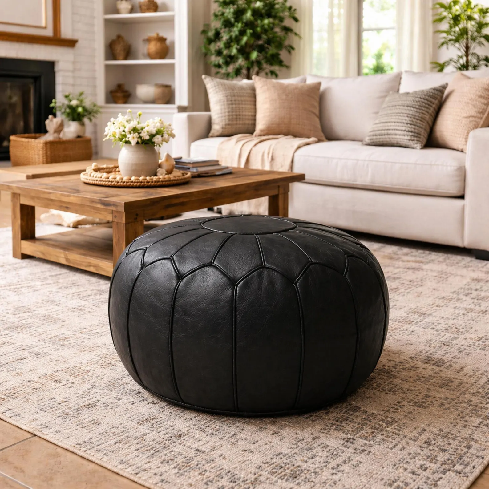 Black Leather Pouf Ottoman, Moroccan Floor Cushion, Handmade Footstool, Boho Living Room Decor, Round Pouffe Seat, Home Accent