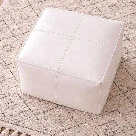 White Leather Ottoman Pouf Handmade Moroccan Square Footstool Boho Living Room Decor Minimalist Floor Cushion Foot Rest