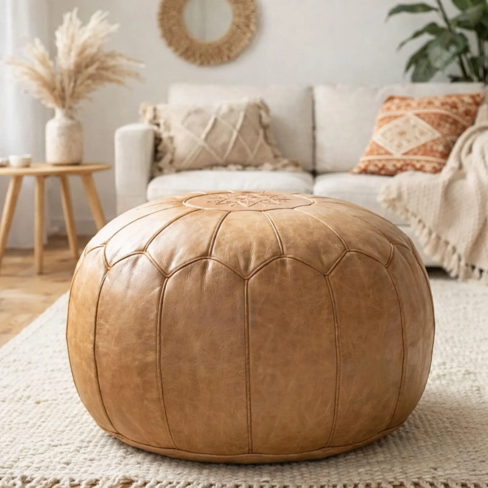 Handmade Round Moroccan Leather Pouf, Brown Genuine Leather Ottoman, Unstuffed Floor Seating Footstool, Coffee Table Decor