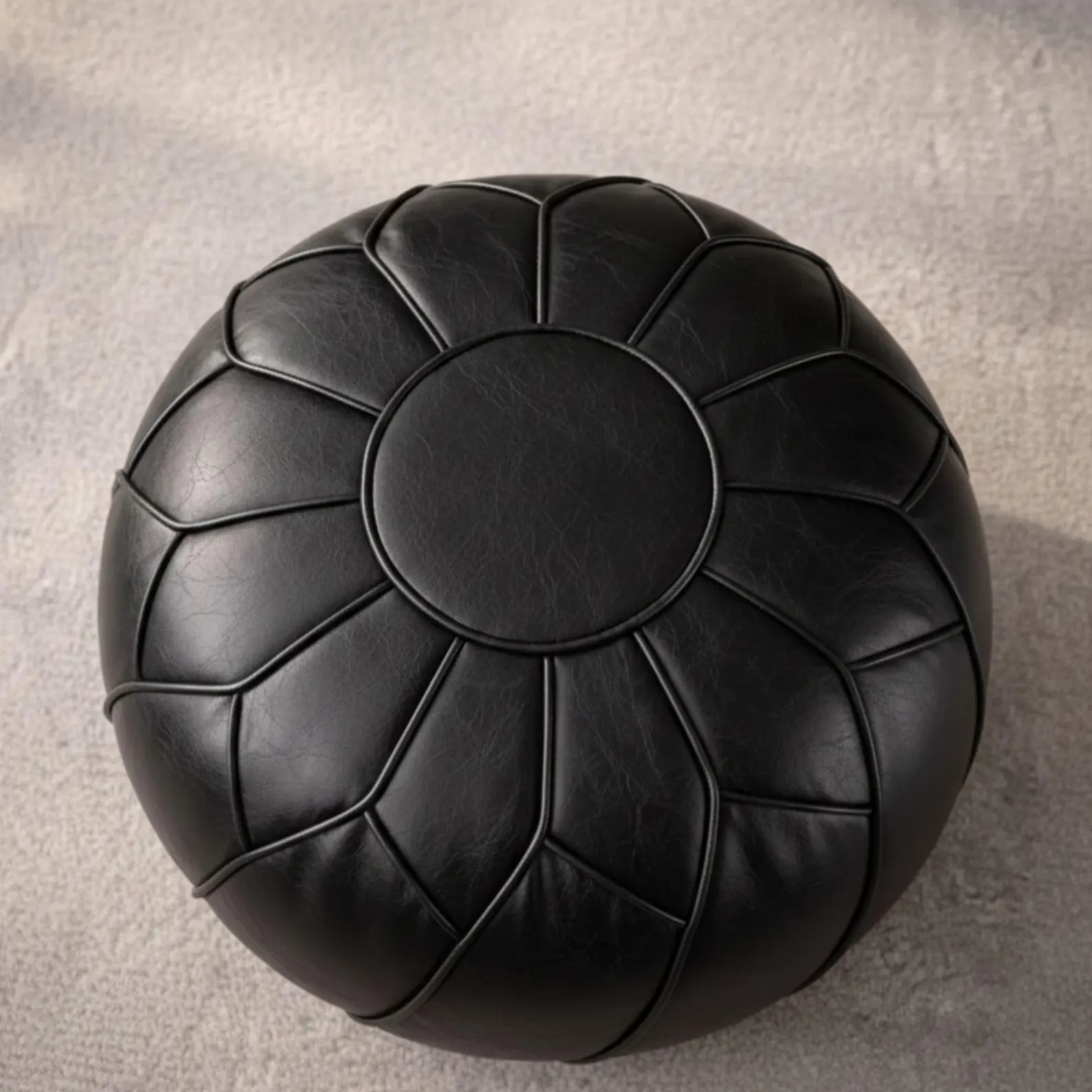 Black Moroccan Leather Pouf - Large Round Ottoman Floor Pillow, Boho Home Decor, Genuine Leather Footstool, Unstuffed Handmade Seat