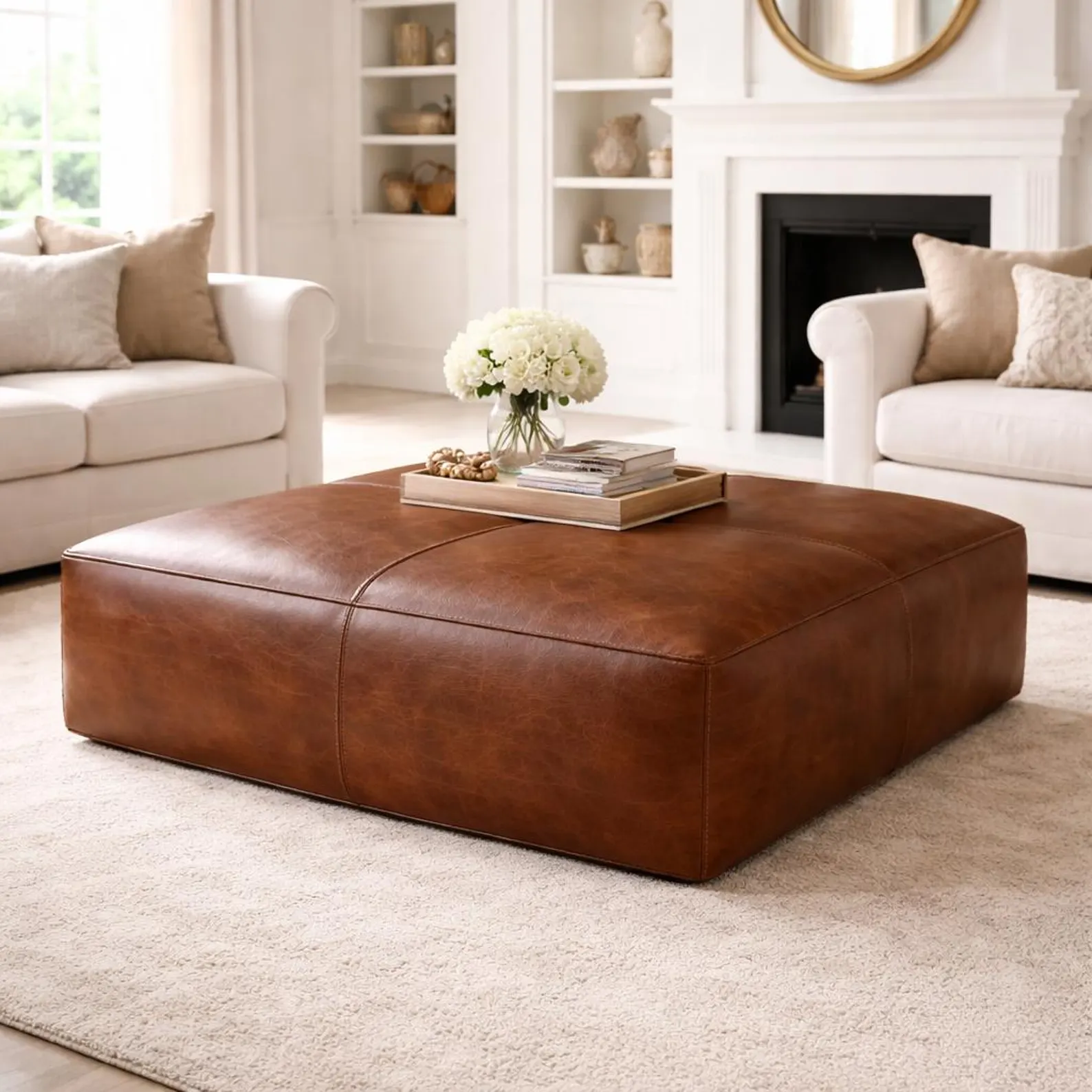 Large Dark Brown Moroccan Leather Ottoman – Handmade Genuine Leather Pouf, Custom Size Coffee Table & Footstool