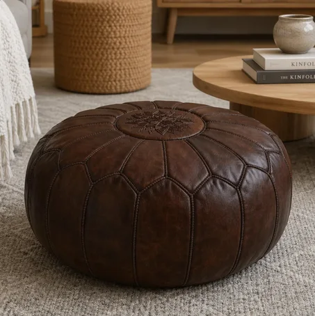 Handmade Round Moroccan Dark Brown Leather Pouf Ottoman - Genuine Leather Footstool, Coffee Table & Floor Seating (Unstuffed)