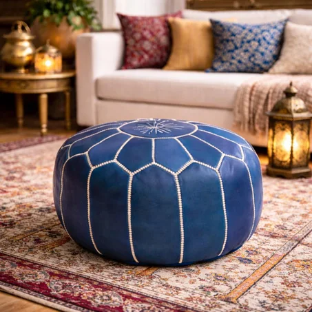 Handcrafted Round Moroccan blue Leather Pouf Ottoman Genuine Leather Footstool Coffee Table Unstuffed Handmade in Marrakech
