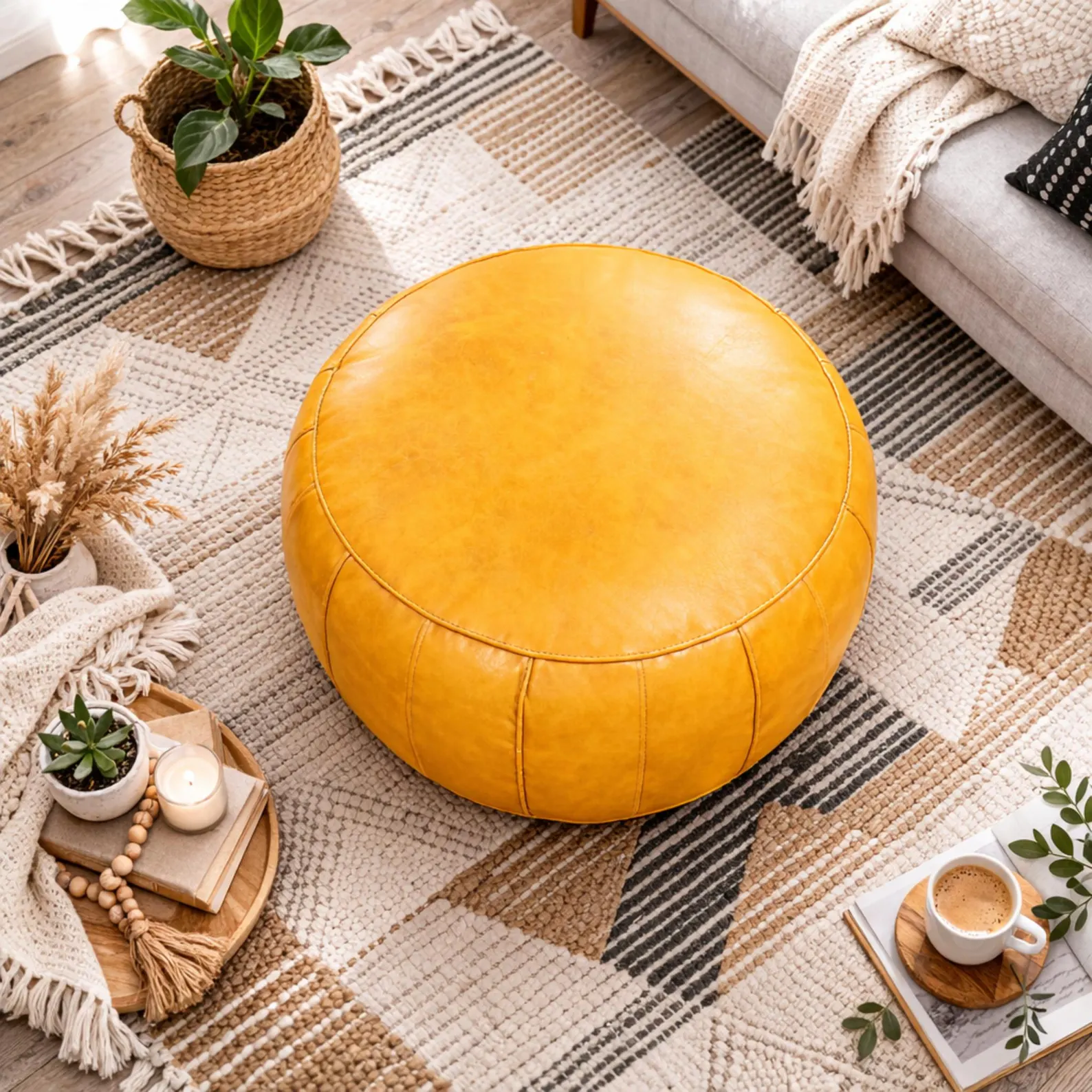 Mustard Yellow Leather Pouf Ottoman – Soft, Round Footstool for Living Room or Bedroom Decor – Comfortable and Stylish Home Accent