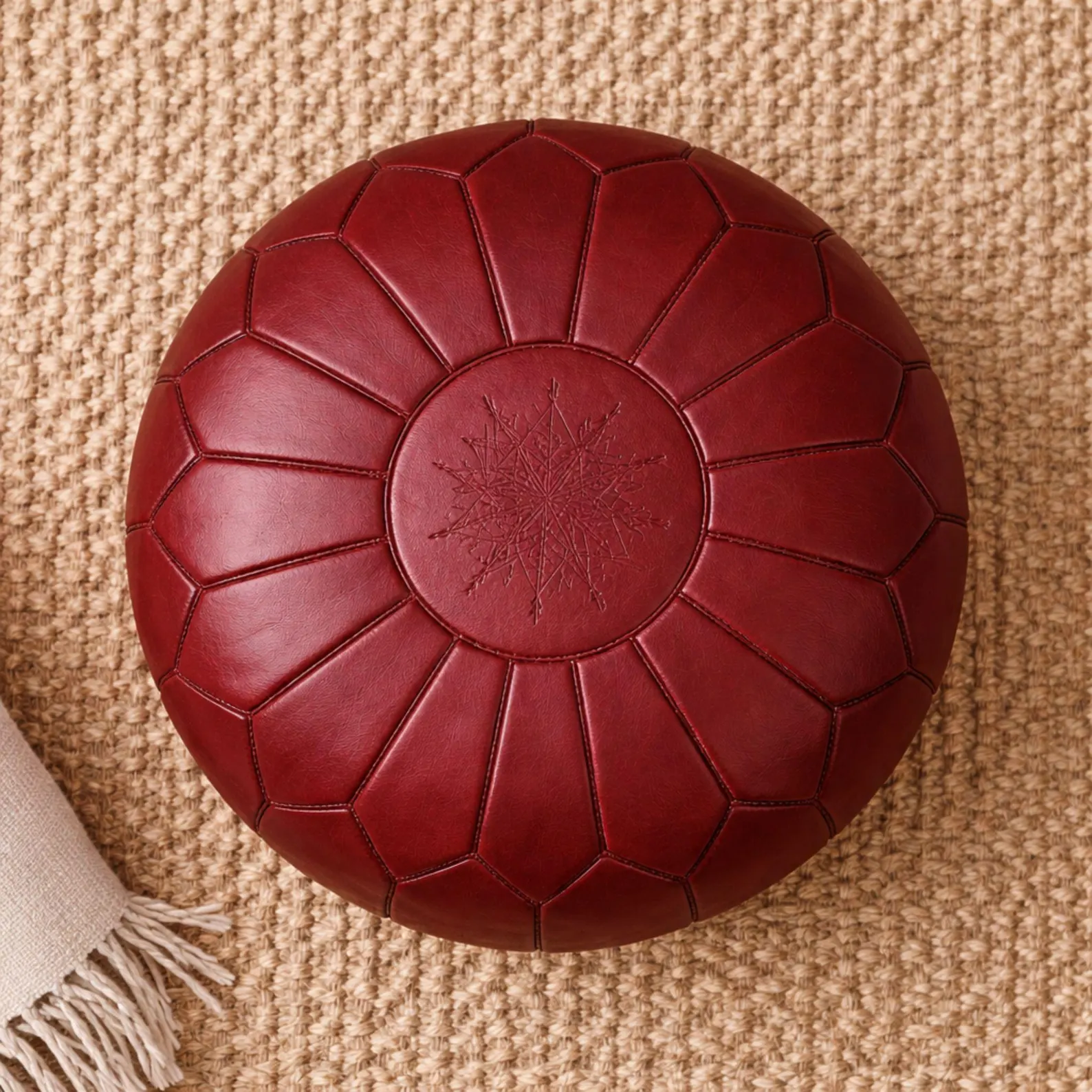 Handmade deep red Moroccan Leather Pouf Ottoman Genuine Leather Round Footstool Floor Seating Unstuffed