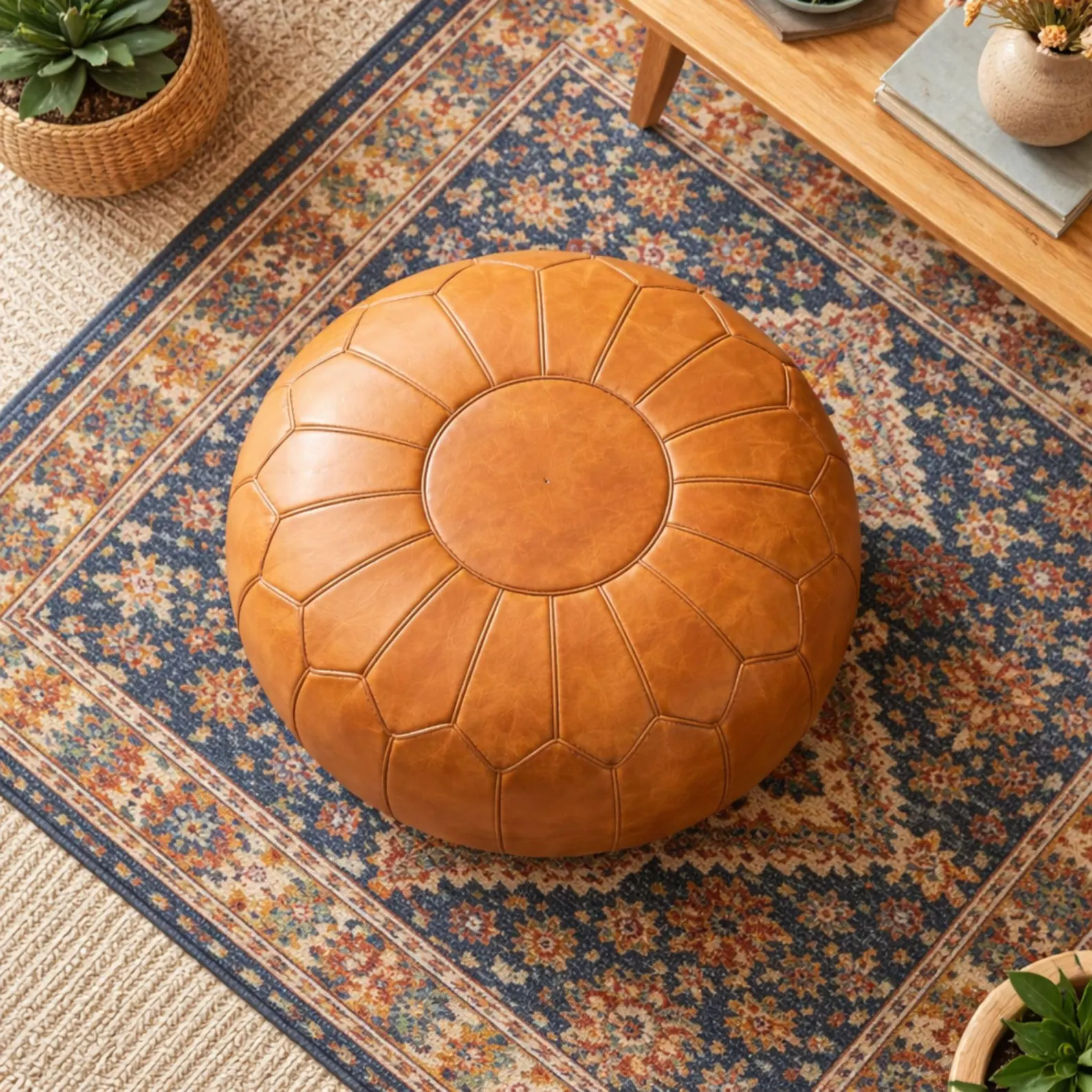 Moroccan Leather Pouf Ottoman, Handmade Tan Footstool, Boho Living Room Decor, Round Floor Cushion, Coffee Table Pouf, Ottoman Footrest