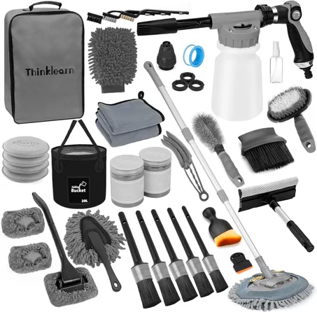 ThinkLearn Kit de detallado de lavado de autos con pistola de espuma, juego de kit de limpieza para automóvil, cepillo de lavado de autos con mango largo, cubo plegable grande para suministro