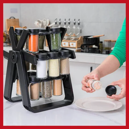 رف توابل دوّار 360° بـ18 علبة بهارات زجاجية