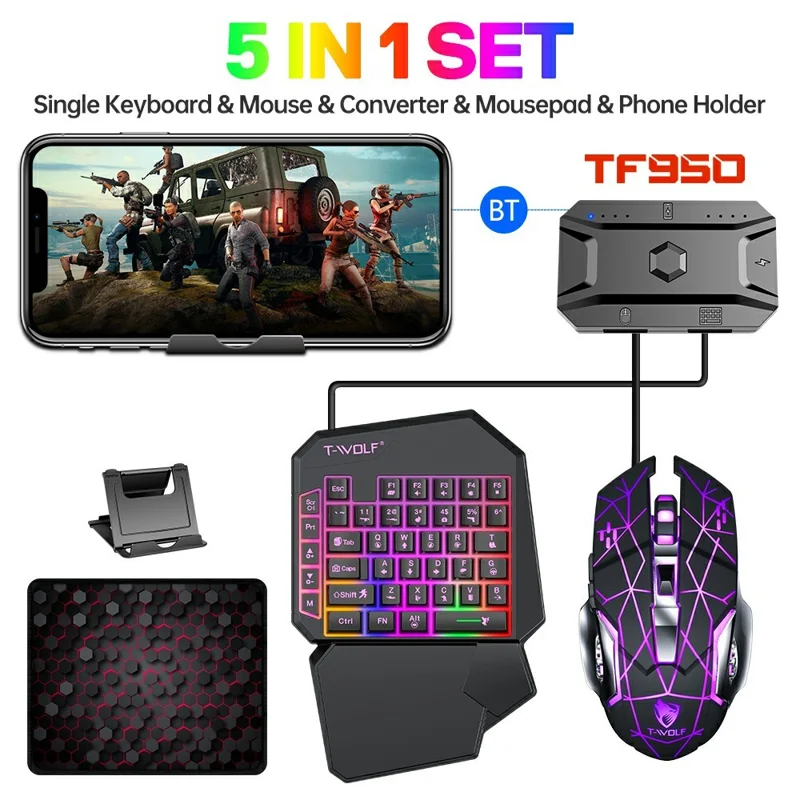 Kit Gaming T-WOLF TF950 — Clavier 40 Touches + Souris + Support Téléphone
