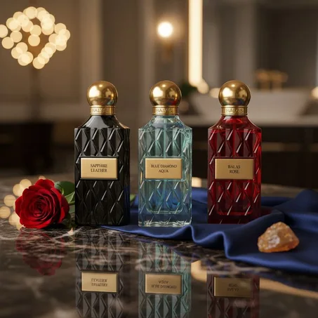 مجموعة عطور باريس كورنر الفاخرة 3 قطع - Sapphire Leather + Rare Diamondo Aqua + Balas Rose | تغليف هدايا أزرق فاخر