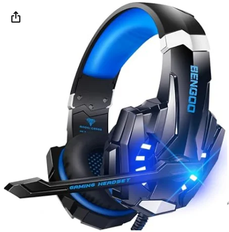 سماعات G9000 ستيريو للألعاب من بينجو، لأجهزة إكس بوكس ون، وبلاي ستيشن 4، والكمبيوتر، وأجهزة التحكم بلاي ستيشن 5، سماعات رأس بخاصية إلغاء الضوضاء مع ميكروفون، ومصابيح LED محاطة بغطاء أذنين إسف