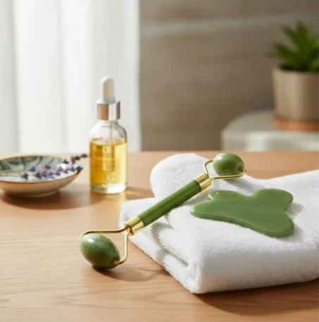 🌿 مدلك للوجه – حجر Quartz طبيعي، طقم 3 قطع (Roller مزدوج + Eye Stone + Gua Sha)