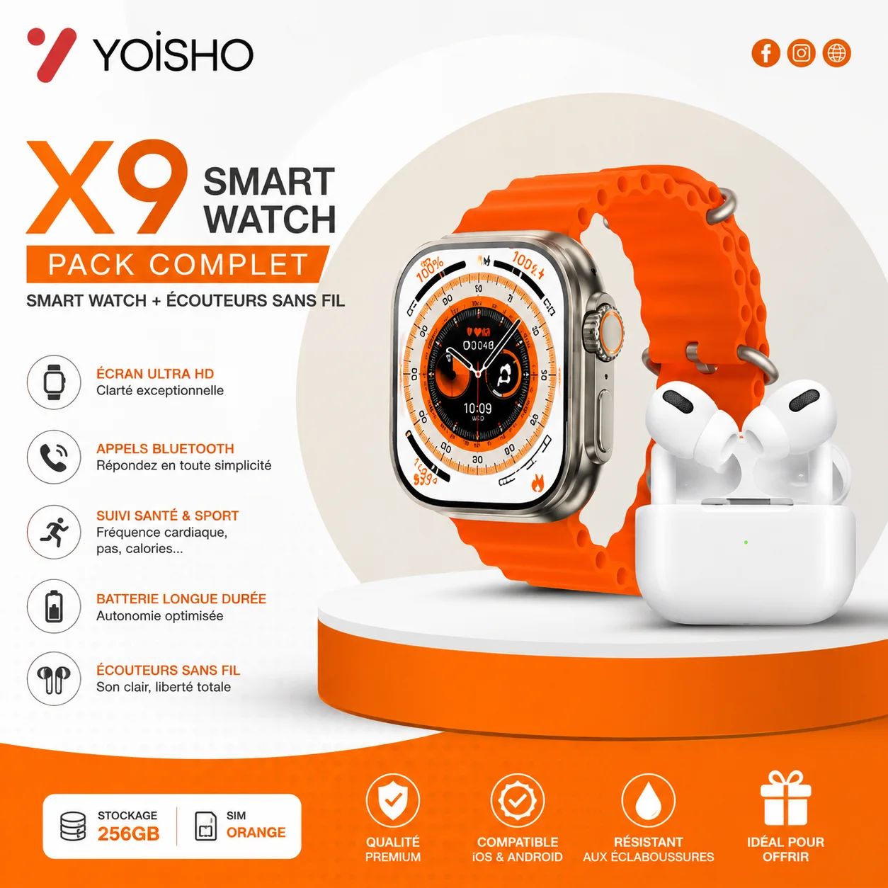 pack smart watch et ecouteur x9