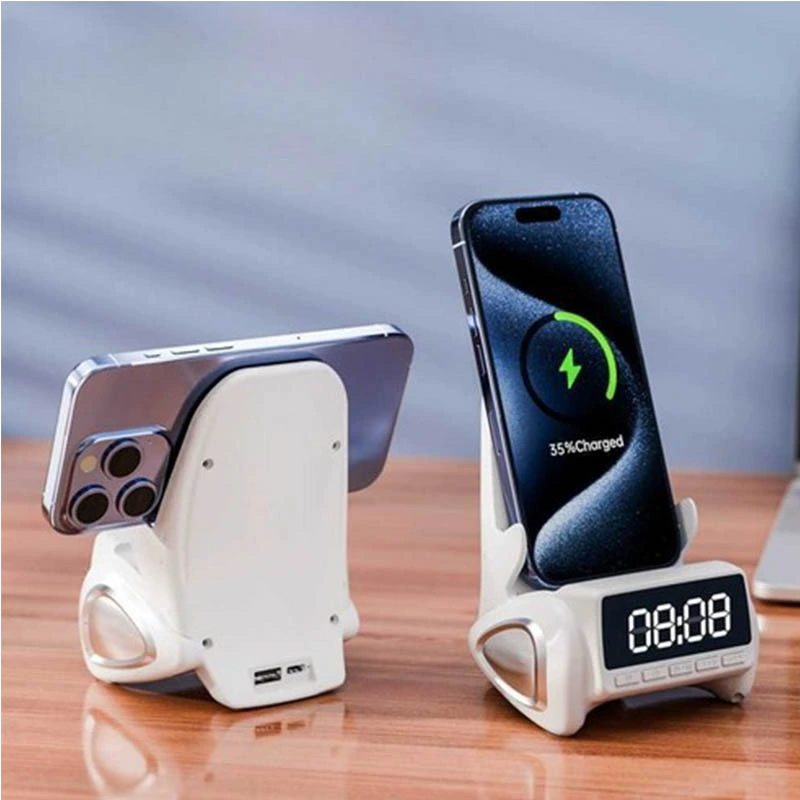 جهاز 5 في 1 || شاحن لاسلكي سريع، مكبر صوت، ساعة رقمية، حامل هاتف، وصوت قوي