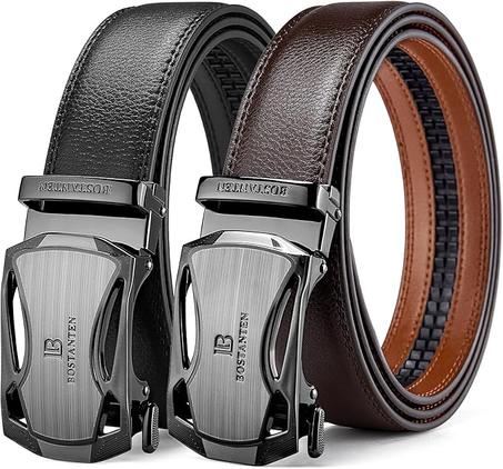 BOSTANTEN Cinturón de cuero de trinquete para hombre, paquete de 2 unidades, vestido e informal con hebilla ajustable, ribete para adaptarse