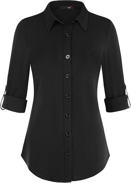 DJT Camisas de punto suave para mujer, elásticas, enrollables, de manga larga, elegante, casual, con botones, blusa de trabajo