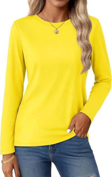 YUCOLEN Camisas de algodón de manga larga para mujer, cuello redondo, camiseta básica de algodón, color liso, suave, cómoda, casual para mujer