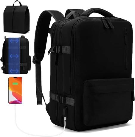 Jaxin 2PCS Carry-On Backpack with Shoe Bag – 180° Open, Expandable, Fits 16.1” Laptop, USB Charging Port, Water-Resistant Travel Set for Work, School, or Air Travel (black)