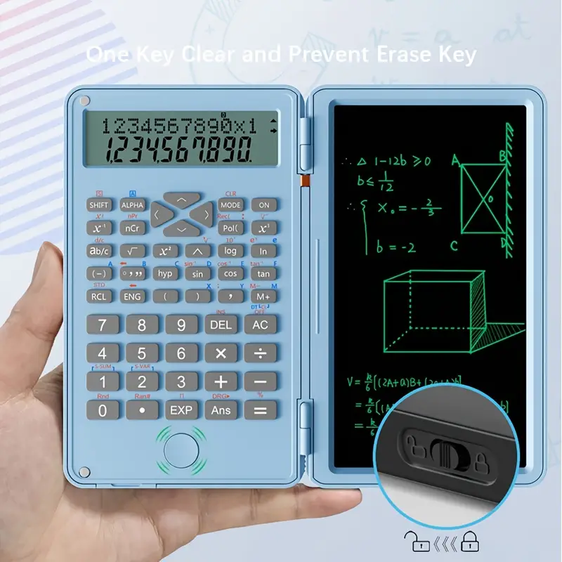 Calculatrice scientifique pliable avec bloc-notes, grand écran à 12 chiffres, tableau d'écriture à la main, utilisation 03