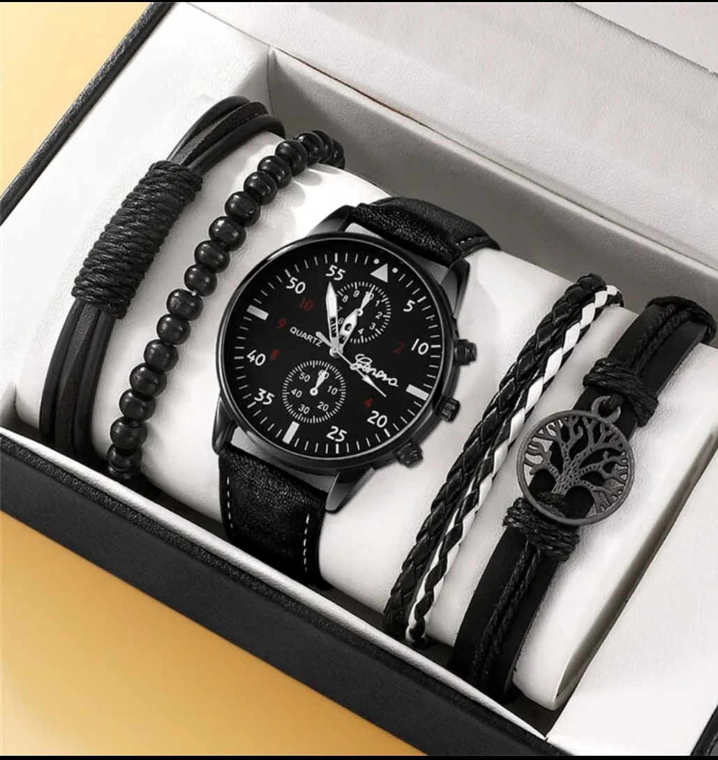 Montre-bracelet à quartz en cuir marron pour homme, ensemble de bracelets de luxe, cadeau d'affaires, nouvelle mode