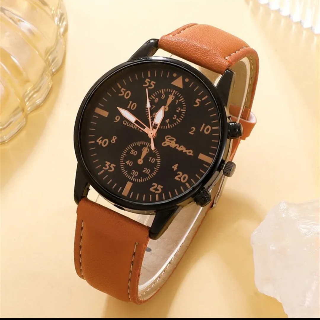 Montre-bracelet à quartz en cuir marron pour homme, ensemble de bracelets de luxe, cadeau d'affaires, nouvelle mode