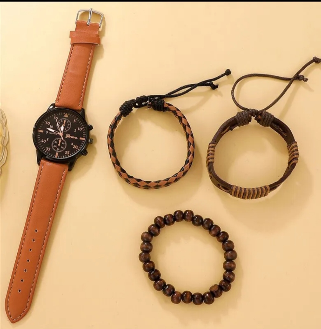 Montre-bracelet à quartz en cuir marron pour homme, ensemble de bracelets de luxe, cadeau d'affaires, nouvelle mode