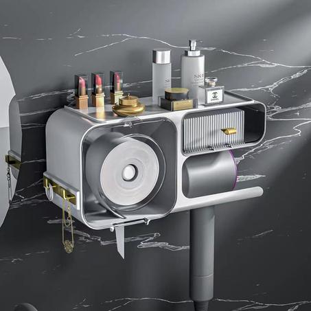 رف أنيق وعصري للتخزين: مناشف الوجه،مجفف الشعر...تصميم عملي وجذاب يناسب الحمامات الصغيرة والكبيرة.