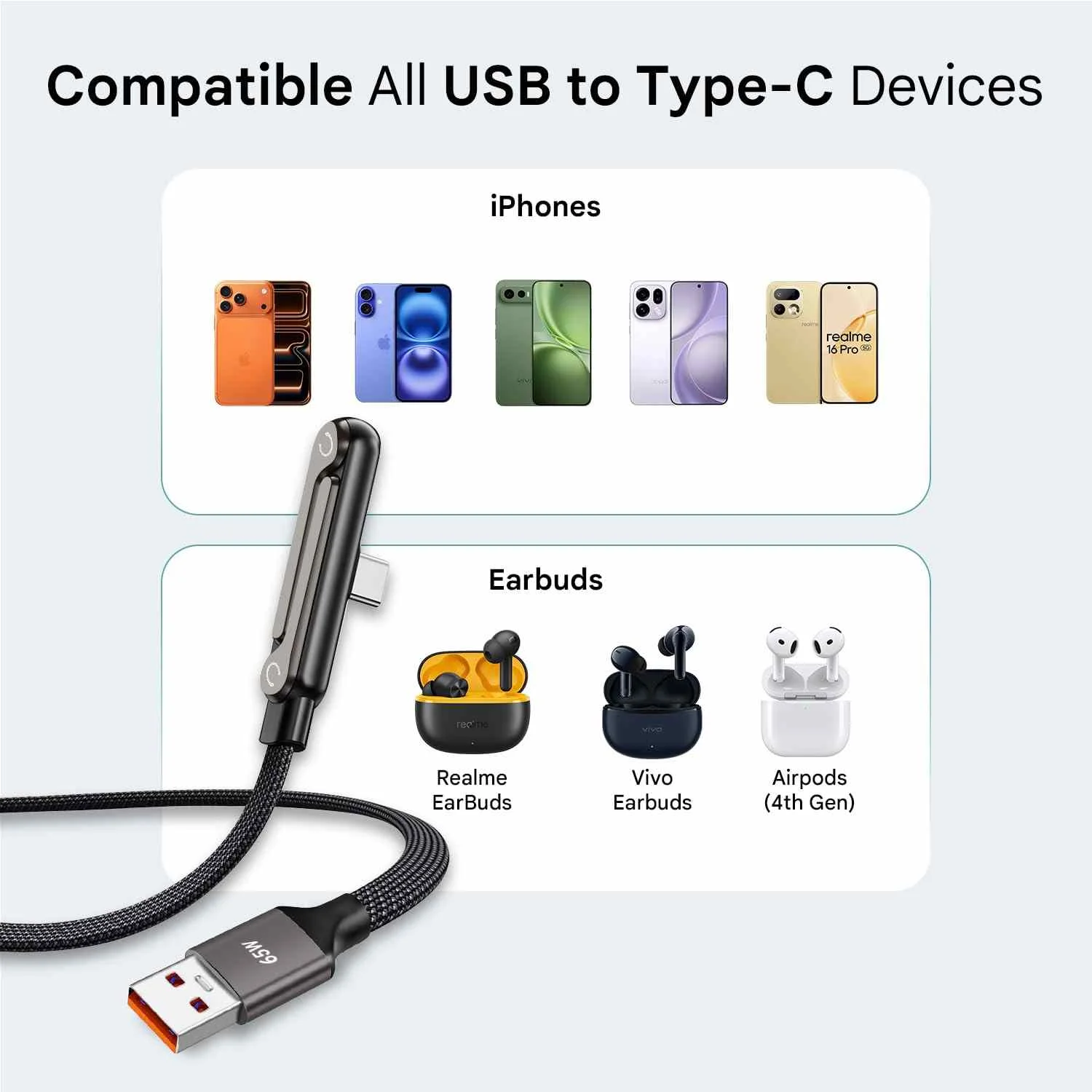 كابل شحن سريع USB إلى Type-C مع حامل للهاتف 360° - 65W  أو