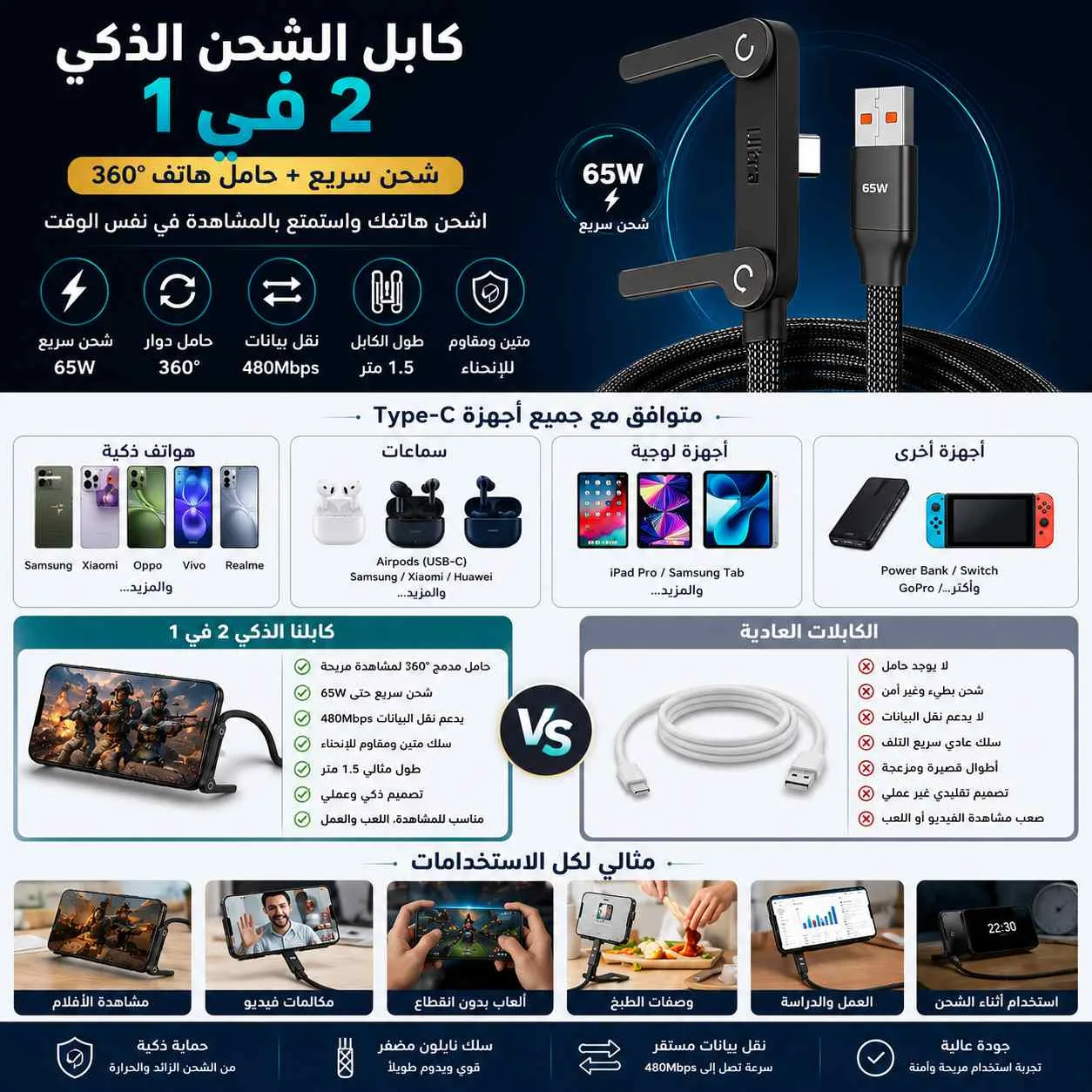 كابل شحن سريع USB إلى Type-C مع حامل للهاتف 360° - 65W  أو