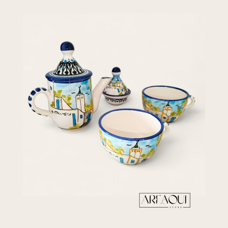 Service Café Sidi Bou Duo : Théière, Deux tasses et un mini tajine