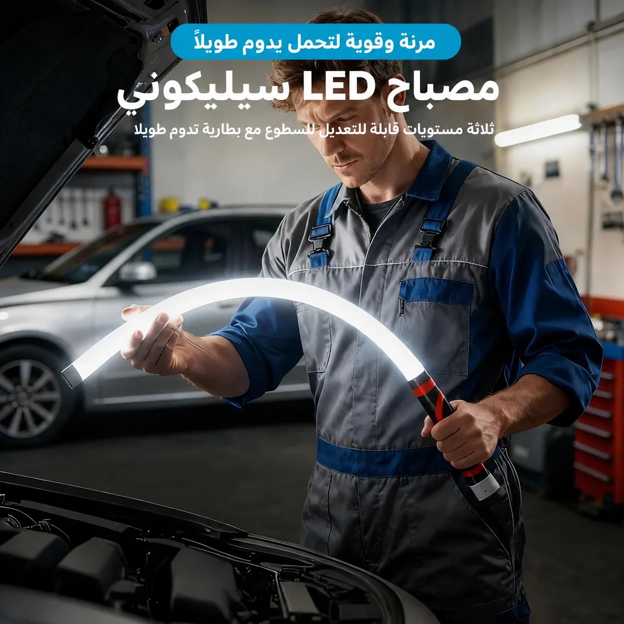 مصباح عمل LED مرن وقابل للشحن – إضاءة قوية 800 لومن لصيانة السيارات والورش والطوارئ