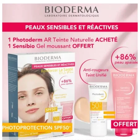 BIODERMA PHOTODERM AR SPF50+ CRÈME TEINTÉE NATURELLE 30ML + SENSIBIO GEL MOUSSANT 100ML OFFERT