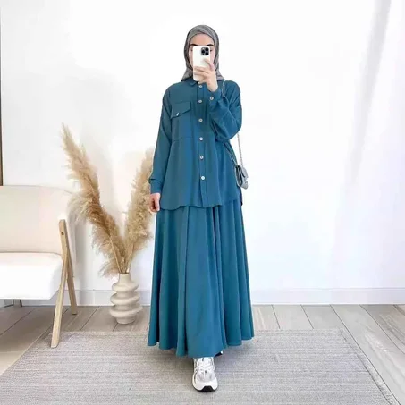 أطقم ملابس نسائية لفصل الربيع (قميص بأكمام طويلة وتنورة) - أزياء إسلامية وملابس كاجوال - طقم عباية محتشم ومغطٍ للجسم بالكامل