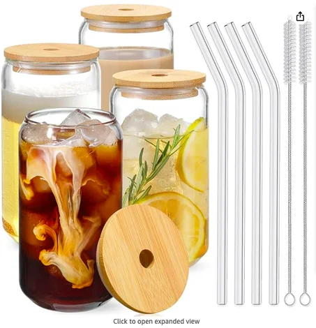 طقم أكواب للشرب بأغطية من الخيزران وقش زجاجي مكون من 4 قطع - أكواب زجاجية على شكل علبة 16 أونصة، وكؤوس بيرة، وكؤوس قهوة مثلجة، وكوب بهلوان لطيف، مثالي للكوكتيل، والويسكي،