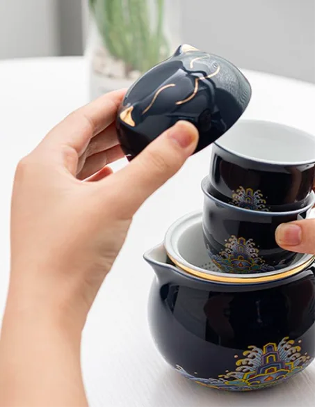 مجموعة أكواب شاي جميلة محمولة من DEARART، كوب شاي 300 مل وكوبين، فم واسع سهل التنظيف يحافظ على الشاي ساخنًا، كيس شاي بأوراق فضفاضة، قطة لطيفة، أزرق داكن