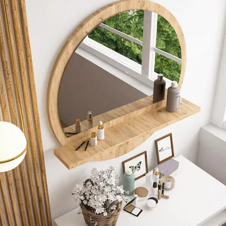 Miroir Rond Marron Avec Étagère Moderne Et Élégant
